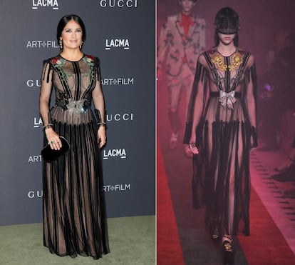 La actriz Salma Hayek asistió a una gala celebrada en Los Ángeles, a finales del mes de octubre, con un vestido de la colección primavera verano 2017 que Gucci presentó en la Semana de la Moda de Milán el pasado mes de septiembre.