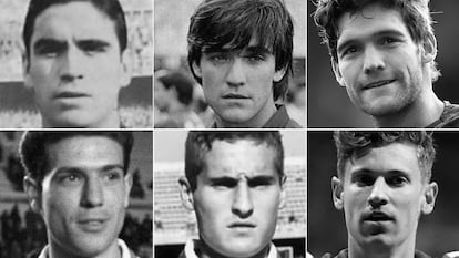 De izquierda a derecha y de arriba a abajo: Marquitos (con el Murcia), Marcos Alonso Peña (con el Barça), Marcos Alonso Mendoza (con el Chelsea), Ramón Grosso (con el Atlético), Paco Llorente (con el Atlético) y Marcos Llorente (con el Atlético).