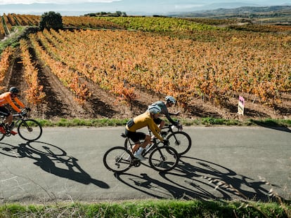 El exciclista profesional Haimar Zubeldia, de amarillo, durante la Orbea Wine and Gravel, celebrada en Laguardia, en una imagen cedida por la organización.