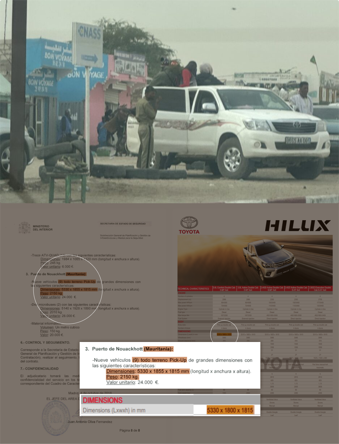 Las camionetas Toyota Hilux que los agentes mauritanos utiliza para arrestar migrantes coinciden con las características técnicas de nueve vehículos que el Ministerio del Interior español donó a Mauritania en 2018. Las Toyota Hilux también han sido grabadas entrando y saliendo de los centros de detención. 