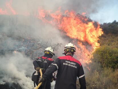 Varios bomberos intentan apagar el incendio de Tafalla (Navarra), en una imagen tomada este miércoles. El incendio que afecta en Tafalla a una zona próxima a la carretera NA-132, que ya había sido controlado, se reactivó con fuerza en dos puntos al cambiar la dirección del viento.