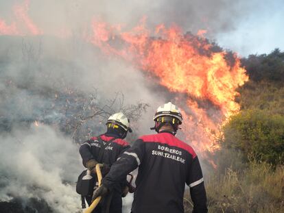 Varios bomberos intentan apagar el incendio de Tafalla (Navarra), en una imagen tomada este miércoles. El incendio que afecta en Tafalla a una zona próxima a la carretera NA-132, que ya había sido controlado, se reactivó con fuerza en dos puntos al cambiar la dirección del viento. 