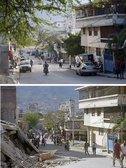 Un carrer de Port-au-Prince el 29 de desembre del 2014 (a dalt) i el mateix carrer el 14 de gener del 2010.