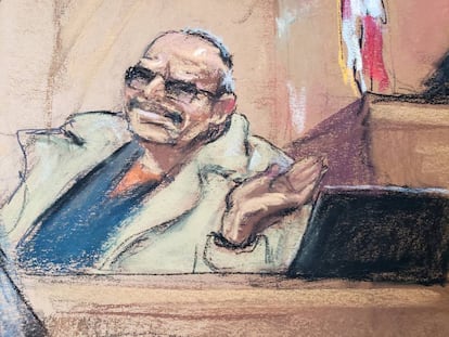 Un boceto de Jesús 'El Rey' Zambada, durante el juicio a Joaquín 'El Chapo' Guzmán en Nueva York, a finales de 2018.