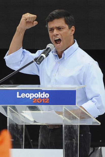 El opositor Leopoldo López, durante un mitin en Caracas.