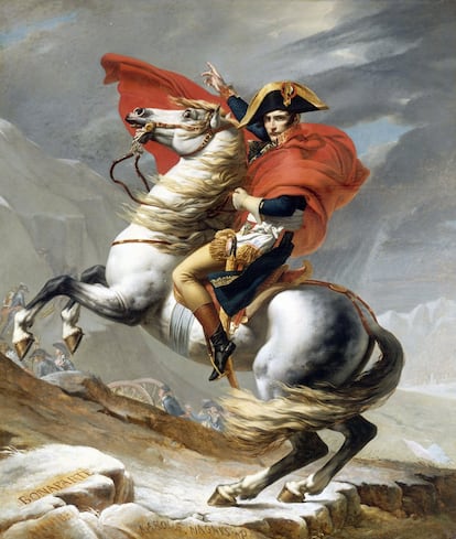 'Napoleón cruzando los Alpes'. 1801-1802. Óleo sobre lienzo. 232 x 271 cm (91,3 x 106,7 in). Pintura de Jaquess- Louis David. Museo de Historia de Francia, Versalles, Francia.