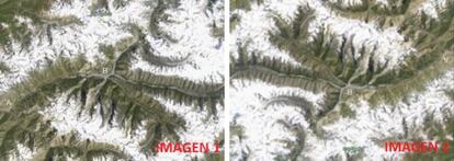 En la Imagen 1 la nieve parece evitar las cumbres de Peak Agasis (Tayikistán). En la Imagen 2, invertida, la nieve está sobre las montañas.