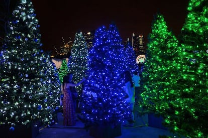 Una pareja se retrata junto a coloridos árboles iluminados en el Christmas Wonderland, en Singapur, un espacio temático de la navidad en los Jardines de la Bahía que ocupa 57.000 metros cuadrados y donde se juntan esculturas lumínicas y puestos de mercado. Estará abierto hasta el 1 de enero.