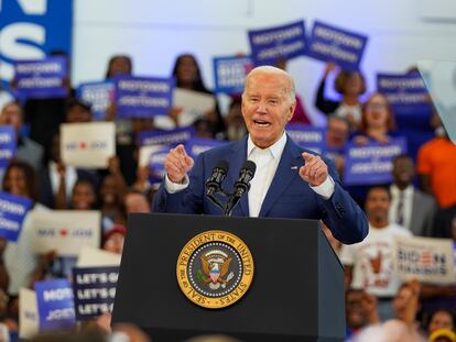 El presidente de Estados Unidos, Joe Biden, este viernes durante un mitin en Detroit (Míchigan).