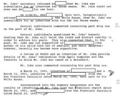 Extracto del informe redactado por el FBI sobre Steve Jobs.