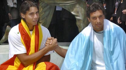 Rafa Nadal with Mariano Puerta after the Spaniard won his first French Open title in 2005.