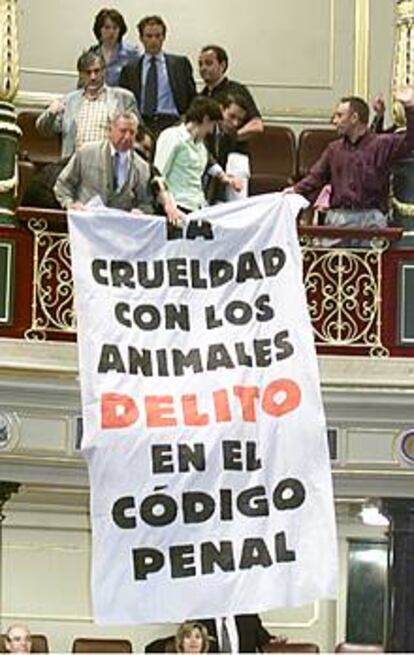 Varios espectadores despliegan una pancarta en el Congreso.