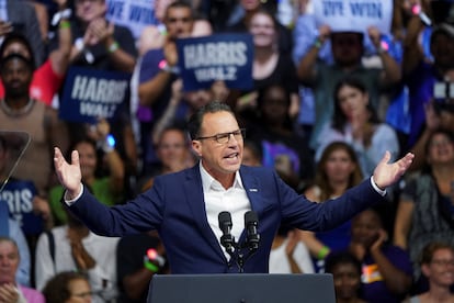 Pennsylvania Governor Josh Shapiro speaks at the first Harris-Walz rally in Philadelphia Tuesday.