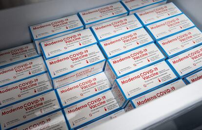 Moderna Covid-19 vaccines are stored in a freezer in Virginia.