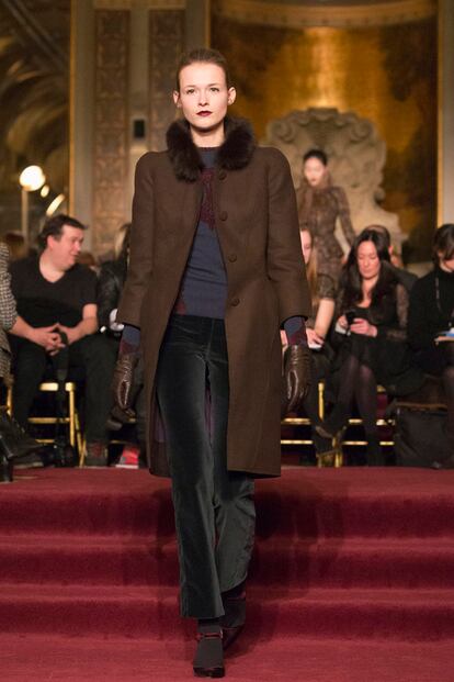 A model presents a creation at the Zac Posen Autumn/Winter 2013 collection during New York Fashion Week