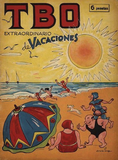 Una ilustración de la familia Ulises en traje de baño de Benejam fue la portada del primer extra de TBO dedicado a las vacaciones (1964).