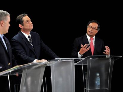 Iván Duque, Germán Vargas Lleras y Gustavo Petro, en un debate presidencial. 