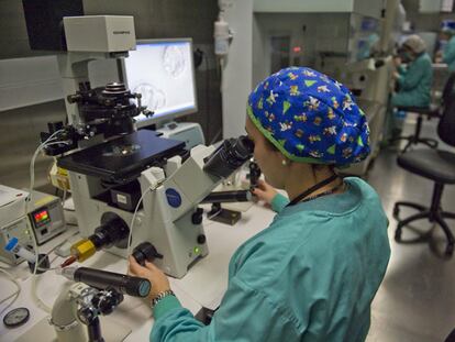Una científica de IVI Bilbao trabajando, ayer, en uno de los laboratorios de la empresa, ubicada en Leioa.