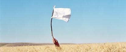 Una joven sostiene una vara con una bandera blanca entre un campo de trigo.