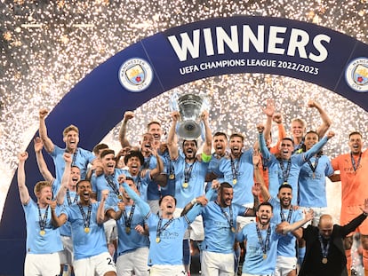 Celebración del Manchester City tras ganar la última Champions League.
