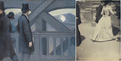 La pintura 'Le pont de l’Europe' (1876-77), de Caillebotte, y la fotografía 'Una pareja entra en la Gare du Nord, en París', de Henri Rivière. Los dos apuestan por encuadres descentrados con personajes entrecortados, rompiendo con la perspectiva armónica y piramidal del Renacimiento.