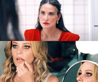 Demi Moore en un fotograma de La sustancia y, debajo, Elizabeth Banks en la cinta Skincare, sobre una esteticista.