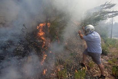 Un hombre protegido con un casco de moto intenta sofocar el incendio con una rama, en Castanheira de Pera.