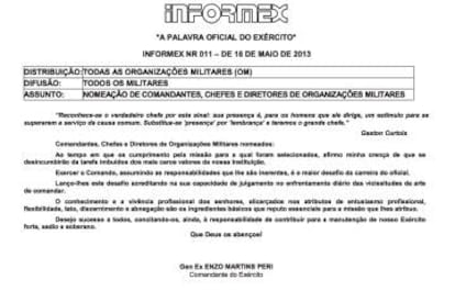 Informe do Exército de maio de 2013 anunciando a mudança de posto de alguns oficiais. 