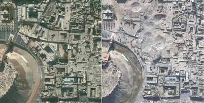 Dos imágenes tomadas por satélite de la ciudad siria de Alepo, el 21 de noviembre de 2010 (izquierda) y el 22 de octubre de 2014 (derecha). En las imágenes se muestra la desaparición de monumentos históricos, como el Hotel Carlton (arriba a la izquierda) donde ahora solo se aprecian cráteres.
