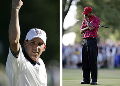 Sergio García festeja la victoria europea, mientras Tiger Woods se frota los ojos contrariado por la derrota.