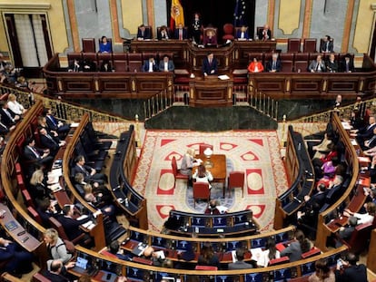 Pedro Sánchez, este martes en el Congreso durante su discurso de investidura.