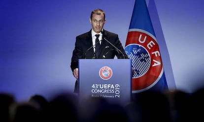 El presidente de la UEFA, Aleksander Ceferin, en el 43 Congreso Ordinario de la UEFA en Roma.