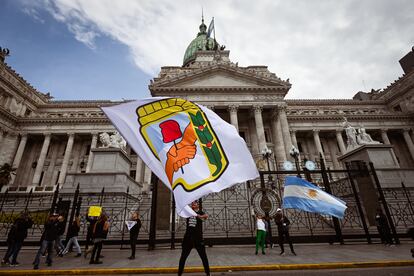 Personas ondean banderas frente al Congreso.