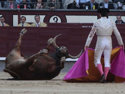 Un toro patas arriba en la plaza de Las Ventas.