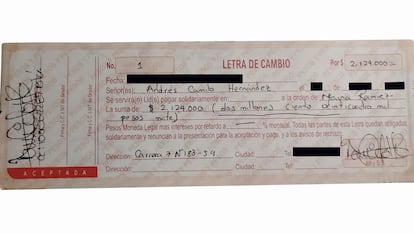 Letra de cambio firmada por Andrés Hernández, Cónsul de Colombia en México.