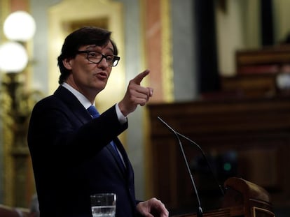 El ministro de Sanidad, Salvador Illa, durante su intervención en el pleno del Congreso este jueves.