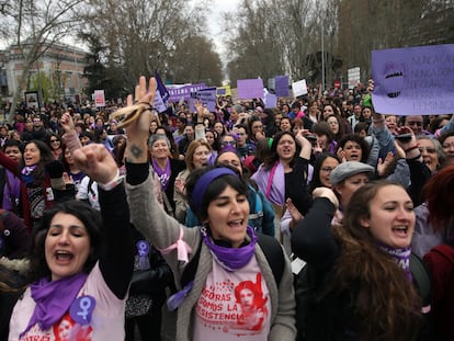 A march in Madrid on International Women's Day in 2020.