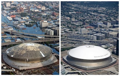 <B> 1.833. </B>Los muertos que causó el Katrina: 1.577 en Luisiana, 238 en Misisipi, 2 en Alabama, 2 en Georgia y 14 en Florida. En la imagen, el centro de Nueva Orleans y el Superdome inundada por el huracán, en agosto de 2005 y julio de 2015.