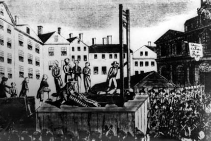 Grabado sobe <i>La invención de la guillotina</i> de la época revolucionaria
