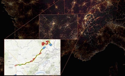 Parte del mapa oficial del Tour proyectado sobre un mapa de calor de Strava.