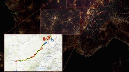 Parte del mapa oficial del Tour proyectado sobre un mapa de calor de Strava.