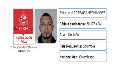 Notificación Roja contra Elder José Arteaga Hernández.