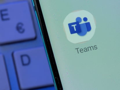FILE PHOTO: Microsoft Teams app is seen on the smartphone placed on the keyboard in this illustration taken, July 26, 2021. REUTERS/Dado Ruvic/File Photo