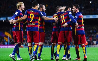 Los jugadores celebran un gol frente al Espanyol. 