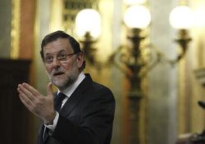 El presidente del Gobierno, Mariano Rajoy, durante su intervenci&oacute;n en el pleno del Congreso de hoy. 