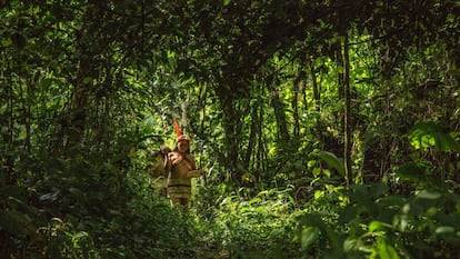 Una mujer indígena waorani camina por la selva en Gareno, a 17 kilómetros al sur de Quito (Ecuador), el pasado 7 de diciembre. Tres grupos étnicos procedentes de este país, de Perú y de Brasil han acordado cambiar sus hábitos para defender la biodiversidad, y lo han hecho el mismo año en que se ha alcanzado un acuerdo por el clima en la Cumbre de París (COP21).