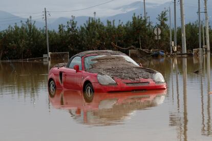 Un coche parcialmente sumergido tras el tifón Hagibis en Japón, este lunes.