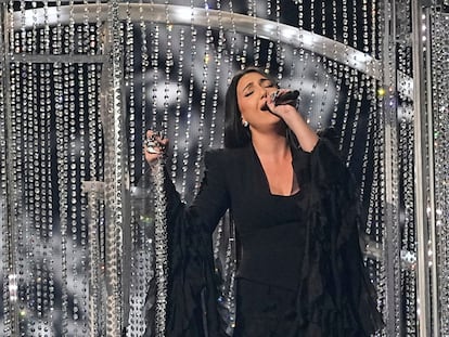 Yuval Raphael from Israel performs the song "New Day Will Rise" during the dress rehearsal for the Grand Final of the 69th Eurovision Song Contest, in Basel, Switzerland, Friday, May 16 2025. (AP Photo/Martin Meissner)