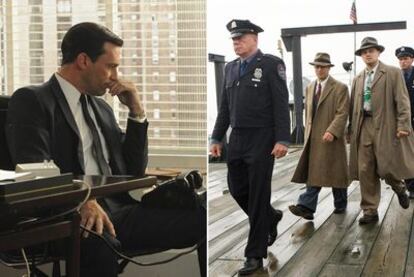 Jon Hamm, en el papel de Don Draper, en la serie <i>Mad Men</i> (izquierda) y fotograma de la película Shutter Island, de Martin Scorsese (derecha).