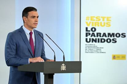 Pedro Sánchez, durante su comparecencia en La Moncloa, el sábado.